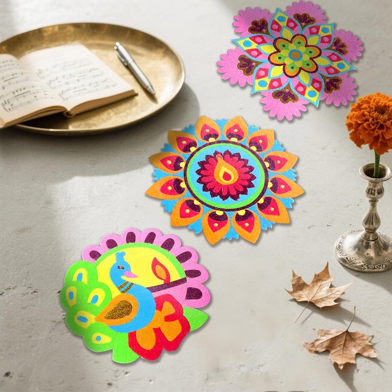 MLOLM Rangoli Mandala Sand Art Kit, 5-Piece DIY Peel and Stick Craft with Glitter Sand for Diwali, Indian Home Traditional Festival Decoration - Image 5